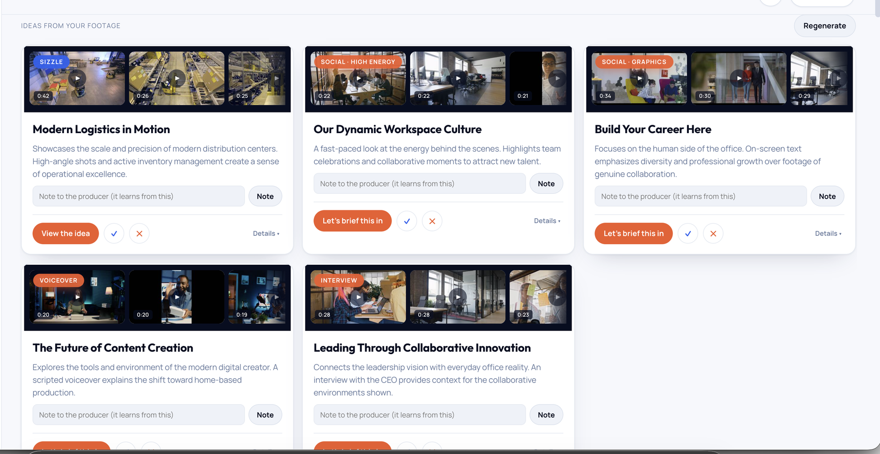 yourfilm AI suggesting video ideas built from a brand's own footage